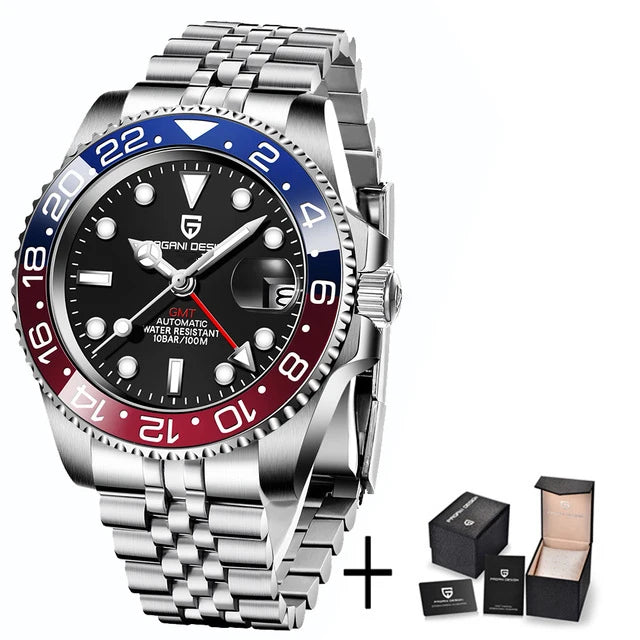 Zegarek mechaniczny męski pagani design pd-1662 luksusowy gmt - szafir, stal, wodoodporny 100m