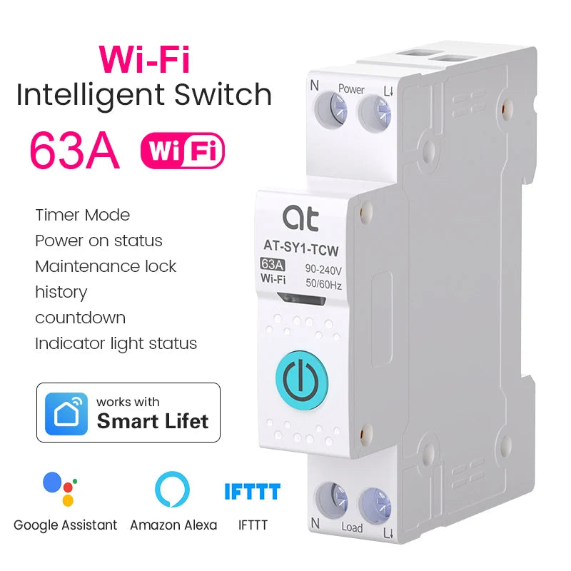 Inteligentny wyłącznik nadprądowy tuya wifi 1p+n 63a – sterowanie zdalne, monitoring energii, asystent głosowy