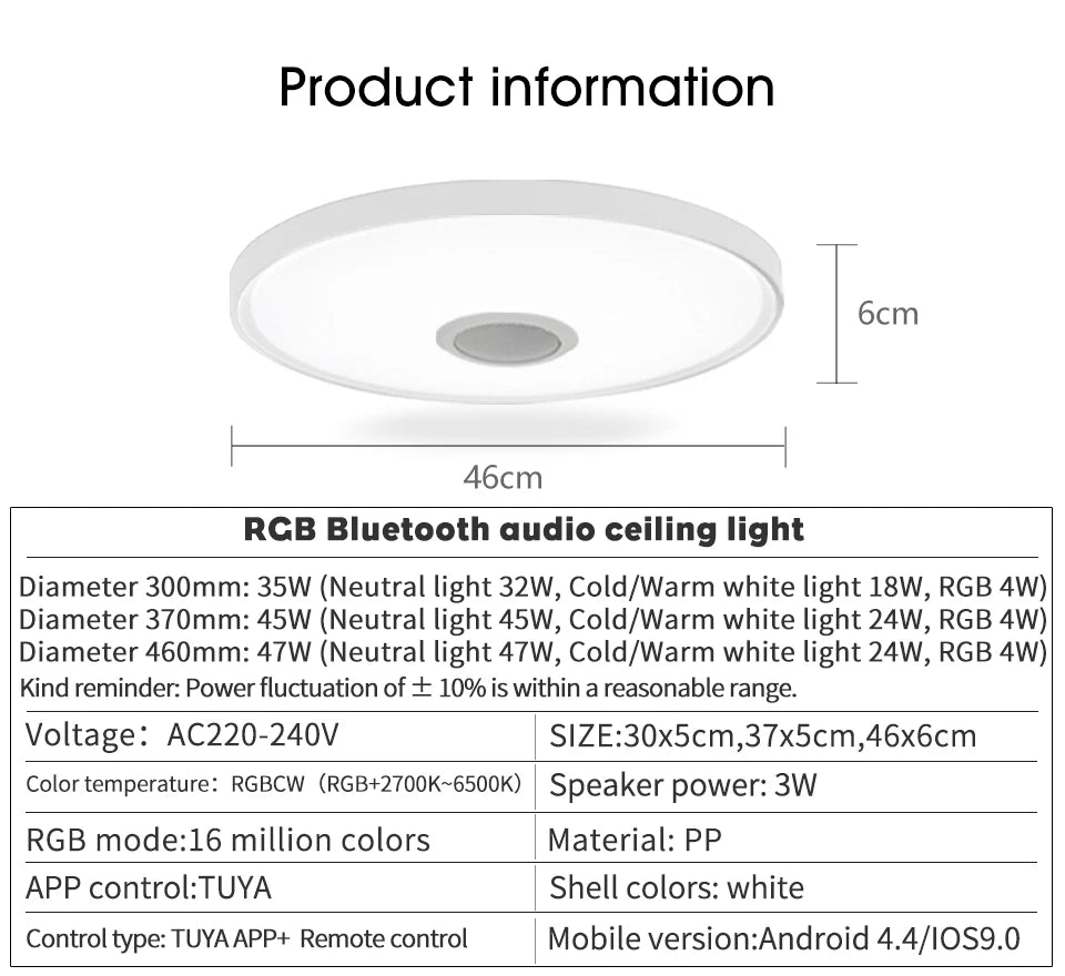 Inteligentna lampa sufitowa led rgb z głośnikiem – ściemnialna, sterowanie aplikacją