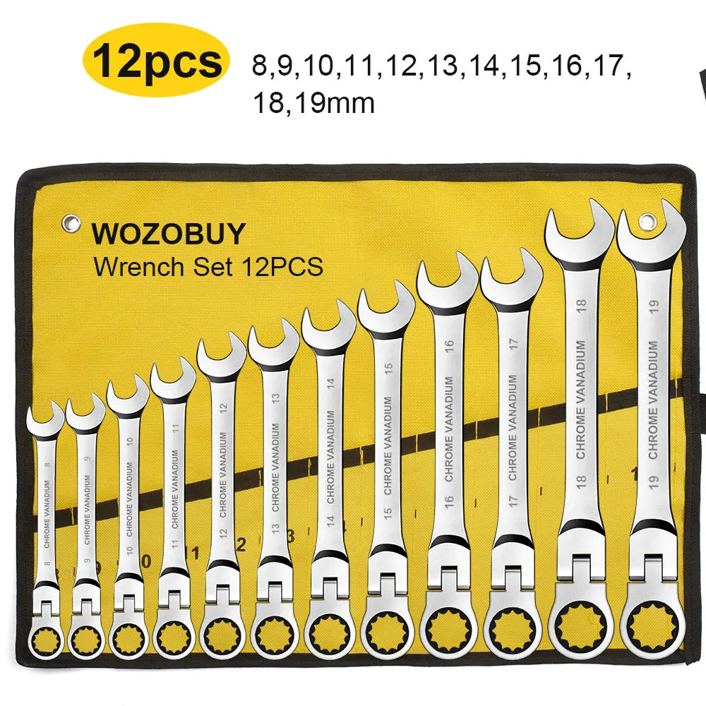 Zestaw kluczy płasko-oczkowych z grzechotką i ruchomą głowicą, metryczny 6-23mm