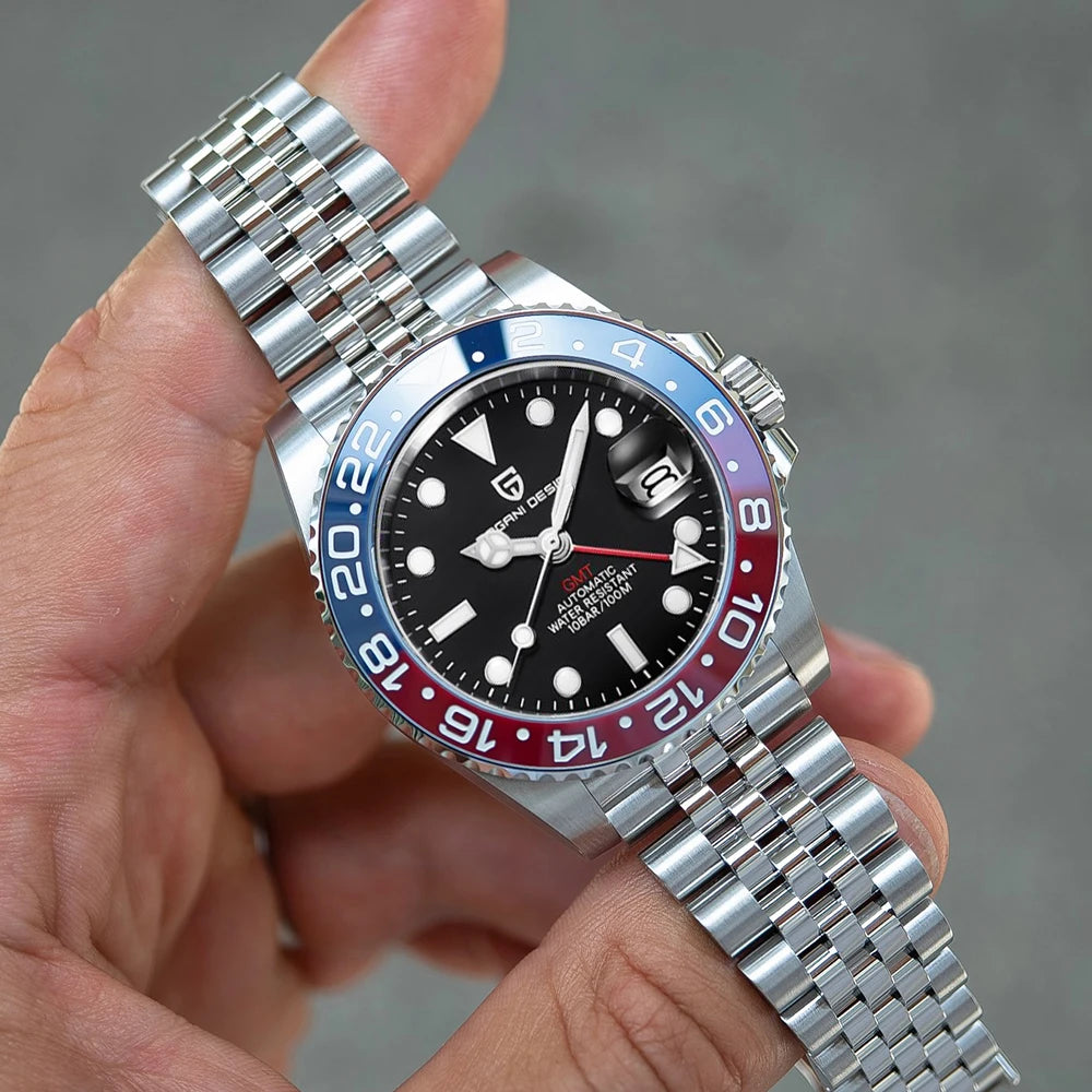 Zegarek mechaniczny męski pagani design pd-1662 luksusowy gmt - szafir, stal, wodoodporny 100m