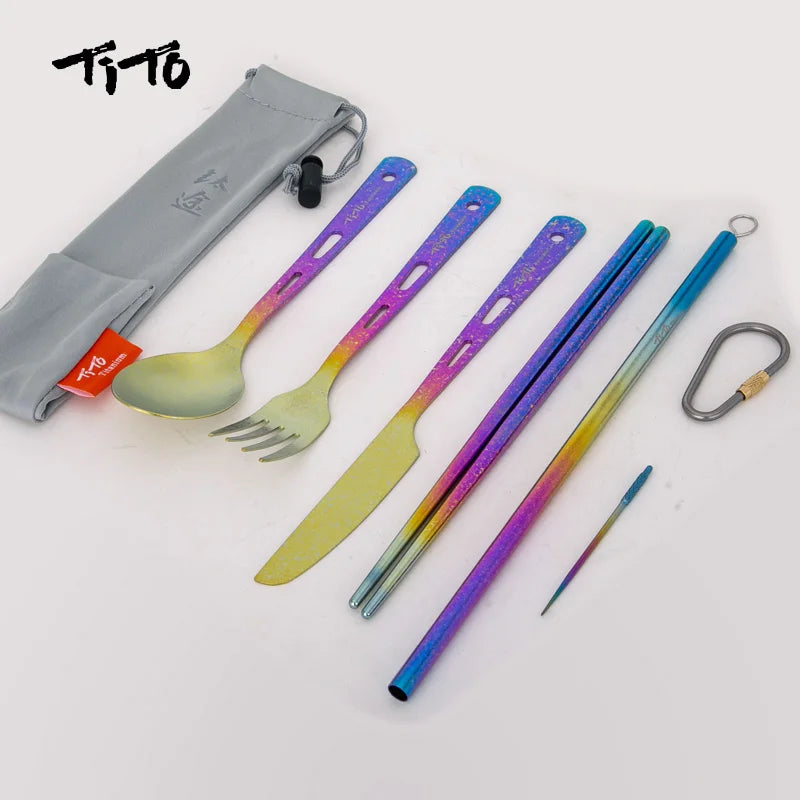 Zestaw tytanowych sztućców tito ultralight – przenośne sztućce podróżne i na zewnątrz