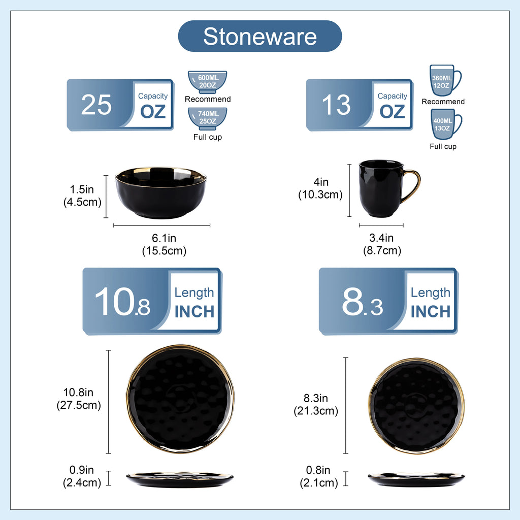 LOVECASA 16/32-Piece Black Porcelain & Gold Dinnerware Set