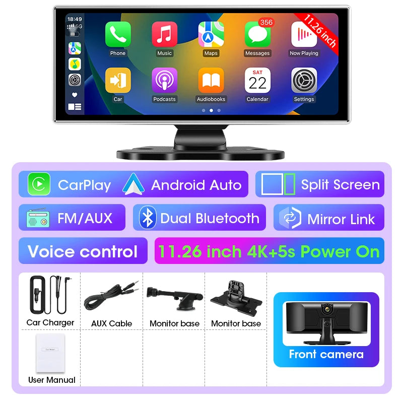 Kamera samochodowa 4k 10/11.26" z bezprzewodowym carplay i android auto | gps | podwójny obiektyw