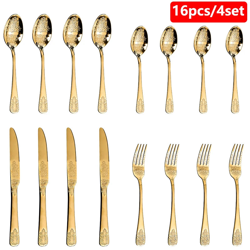 Luxury Gold Silverware Set | Vintage Carved Stainless Steel Cutlery 16/24Pcs