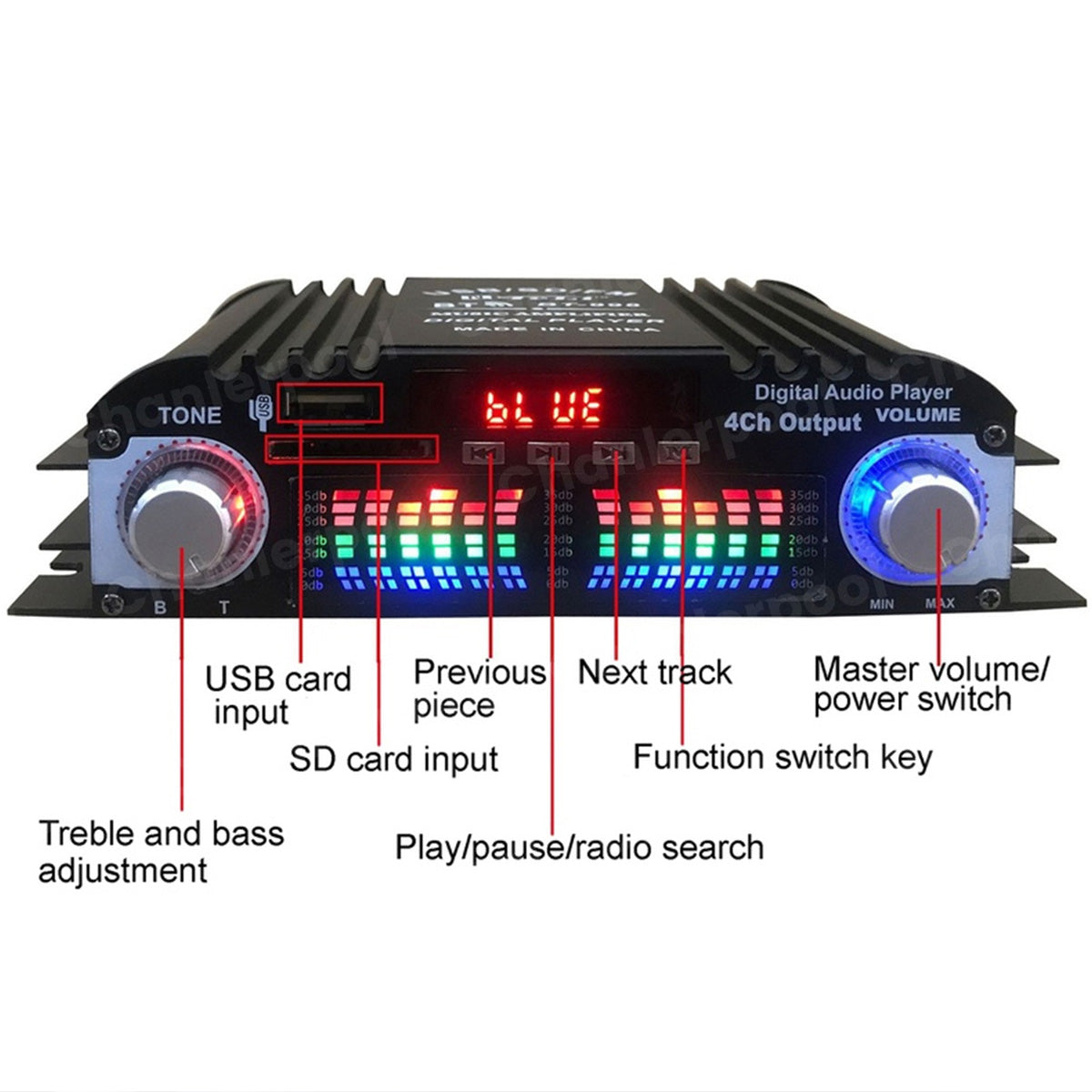 Wzmacniacz dźwięku hi-fi 1600w peak, 4-kanałowy cyfrowy, z bluetooth, karaoke i radiem fm, obsługa pilotem
