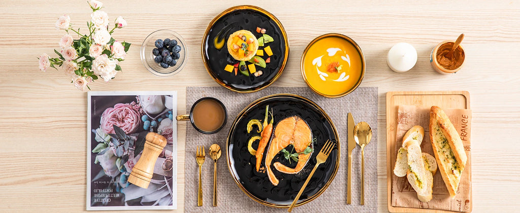 LOVECASA 16/32-Piece Black Porcelain & Gold Dinnerware Set