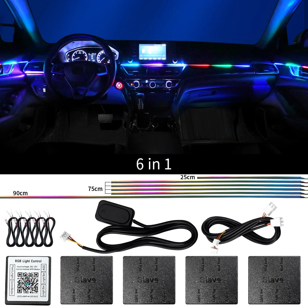 Zestaw 18-w-1 dwustrefowego nastrojowego oświetlenia samochodowego rgb z kontrolą aplikacją