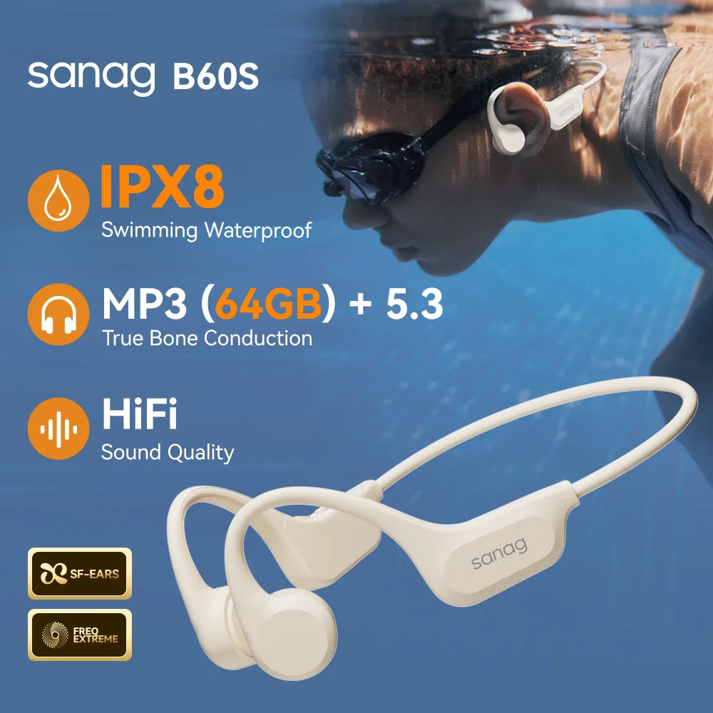 Słuchawki pływackie sanag b60s z przewodnictwem kostnym ipx8 bluetooth mp3