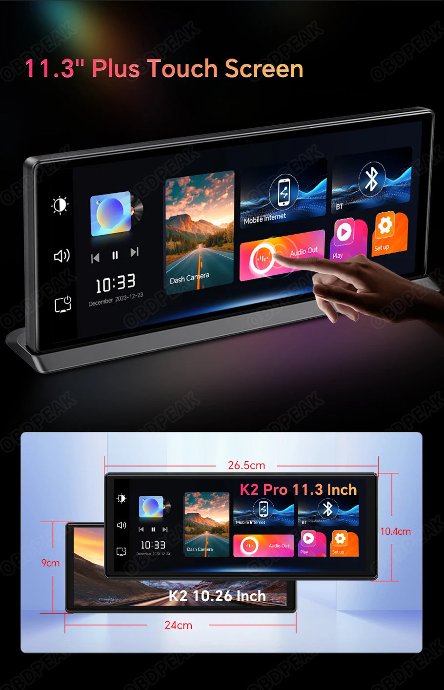 K2 pro 11.3" 4k bezprzewodowy carplay android auto kamera samochodowa z gps i podwójnym obiektywem