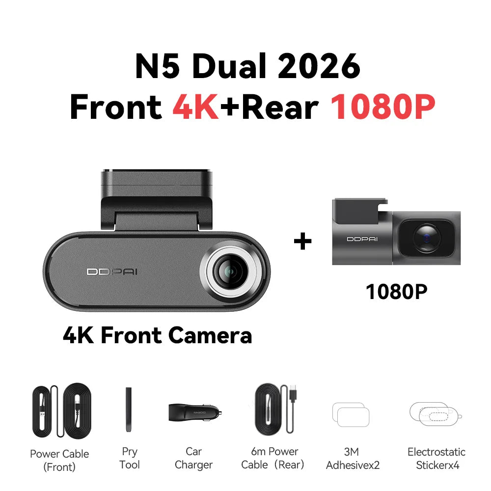 Ddpai n5 podwójna kamera samochodowa 4k hdr - przód i tył z ai nightvis