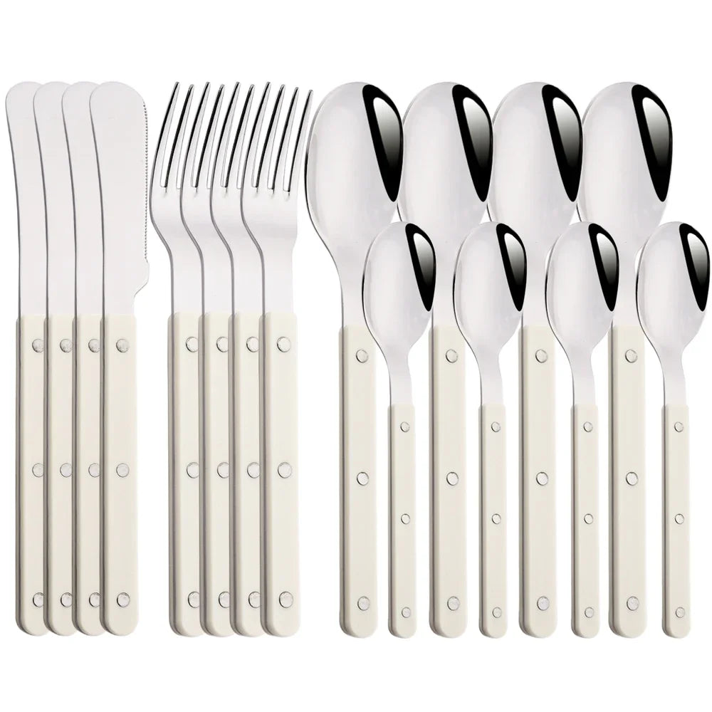 Elegant Beige Silver Acrylic Handle Cutlery Set - 4/16 Pc Stainless Steel Dinnerware