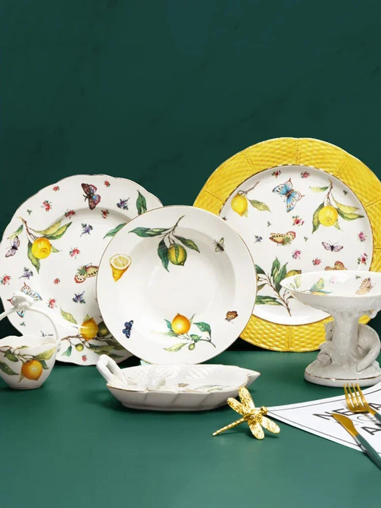 Europejski zestaw obiadowy ceramiczny z cytrynami - talerze i filiżanki