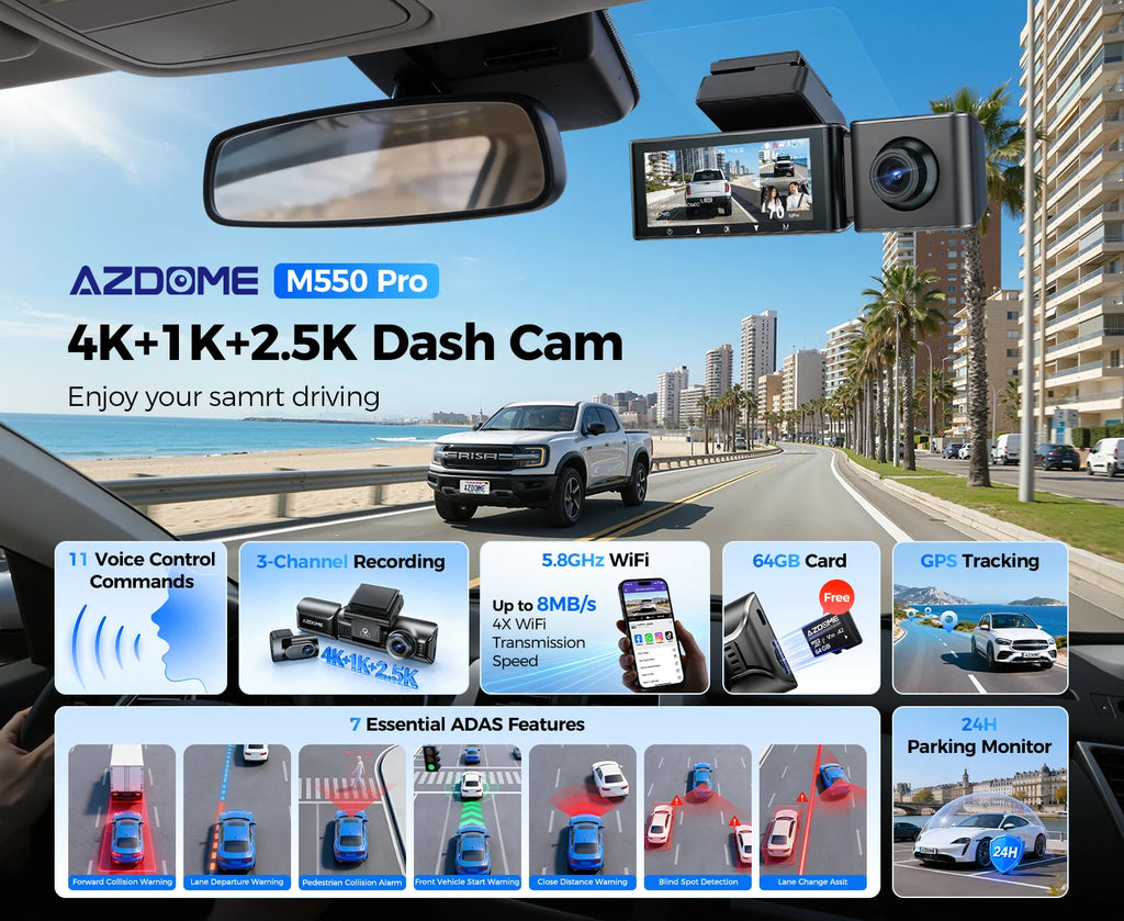 AZDOME M550 Pro 4K Dash Cam with GPS, WiFi & Night Vision