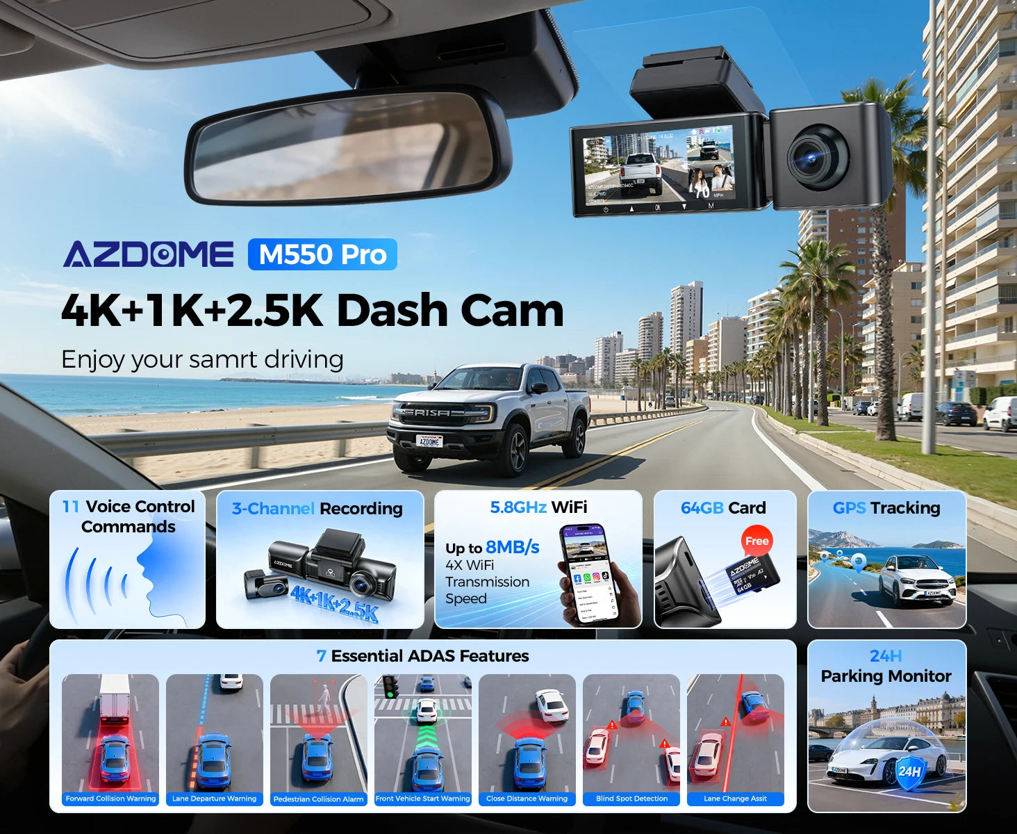 AZDOME M550 Pro 4K Dash Cam with GPS, WiFi & Night Vision