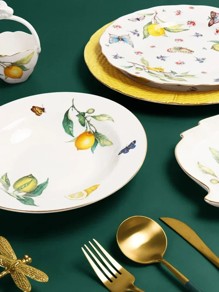 Europejski zestaw obiadowy ceramiczny z cytrynami - talerze i filiżanki