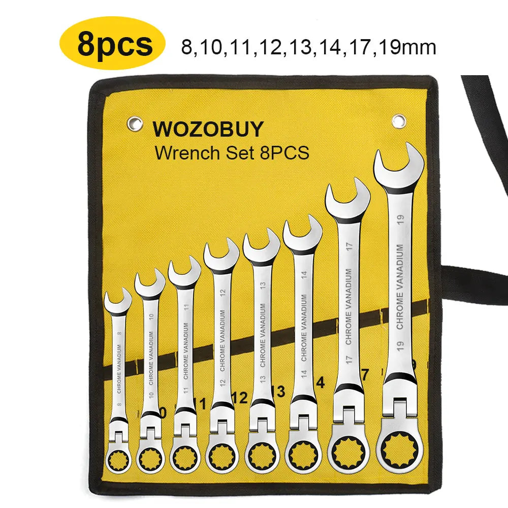 Zestaw kluczy płasko-oczkowych z grzechotką i ruchomą głowicą, metryczny 6-23mm
