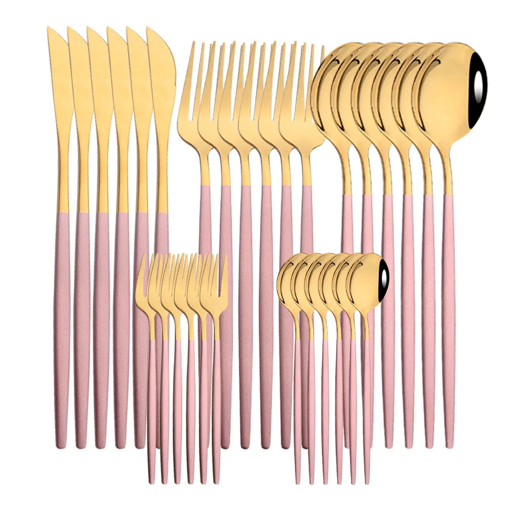 30-Piece Black Gold Stainless Steel Dinnerware Set | Kitchen Cutlery
