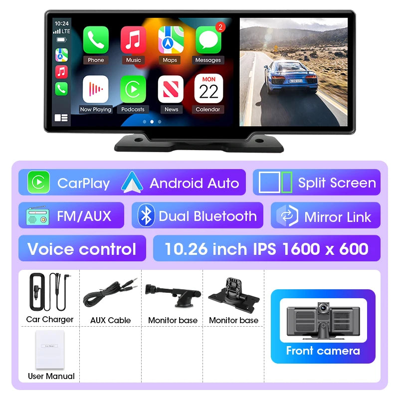 Kamera samochodowa 4k 10/11.26" z bezprzewodowym carplay i android auto | gps | podwójny obiektyw