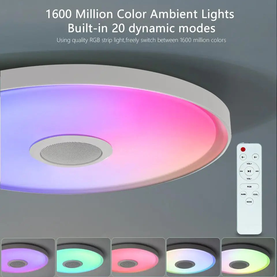 Inteligentna lampa sufitowa led rgb z głośnikiem – ściemnialna, sterowanie aplikacją