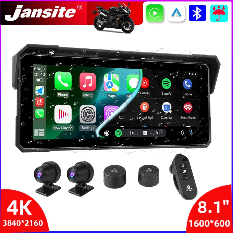 Monitor motocyklowy jansite 8.1" 4k z rejestratorem dvr, carplay i gps