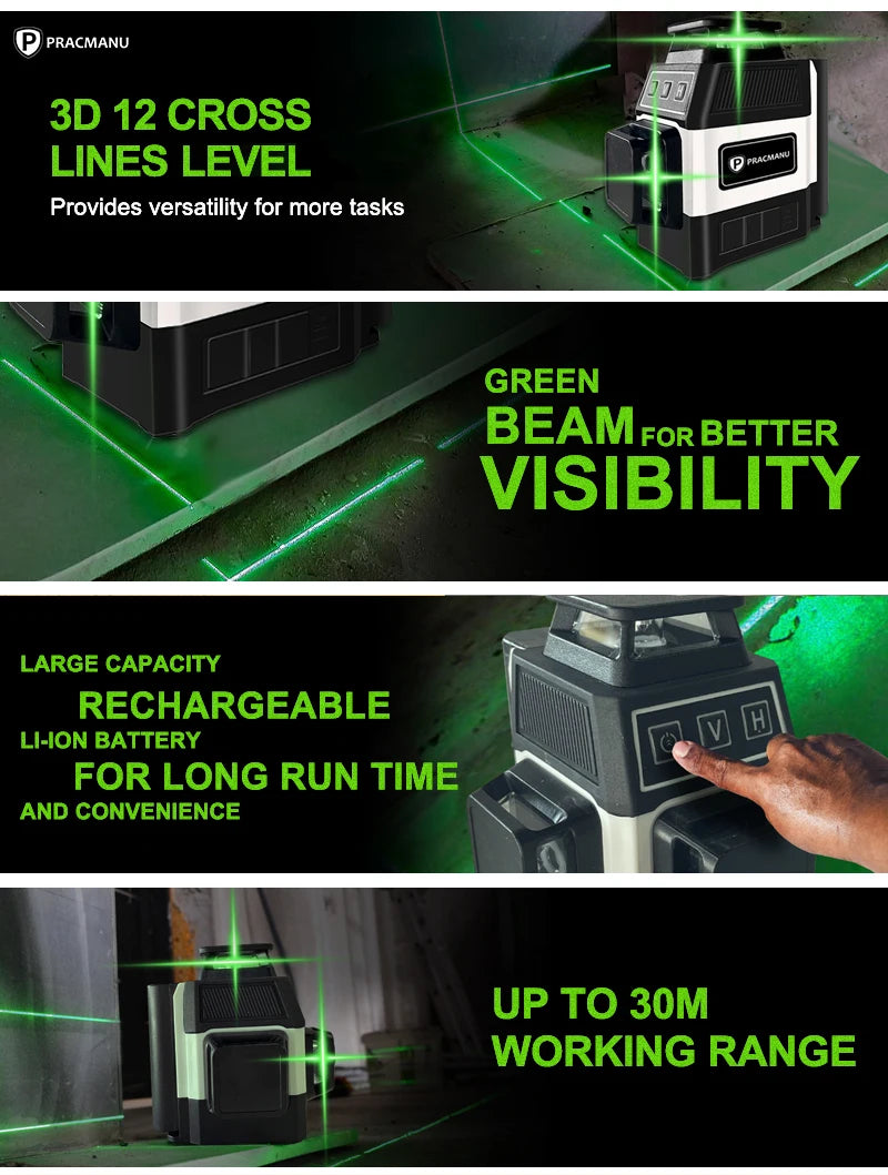 Pracmanu 12-Line 3D Green Laser Level - Self-Leveling 360° Precision Tool