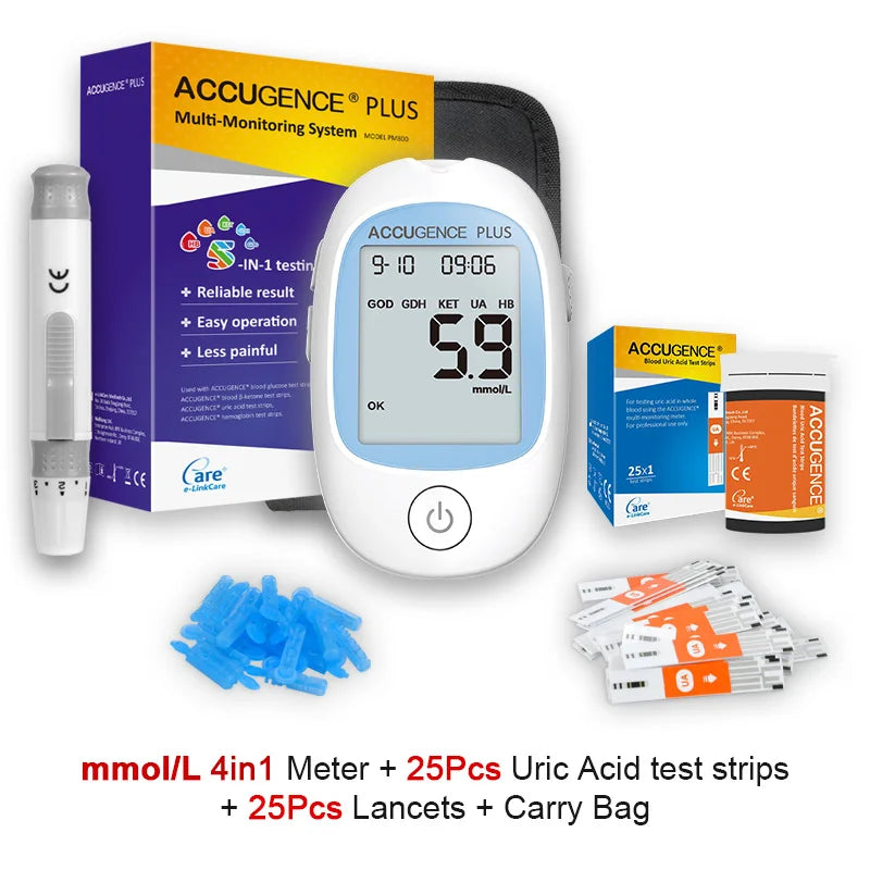 Wielofunkcyjny monitor 4w1: testy hemoglobiny, ketonów, glukozy, kwasu moczowego