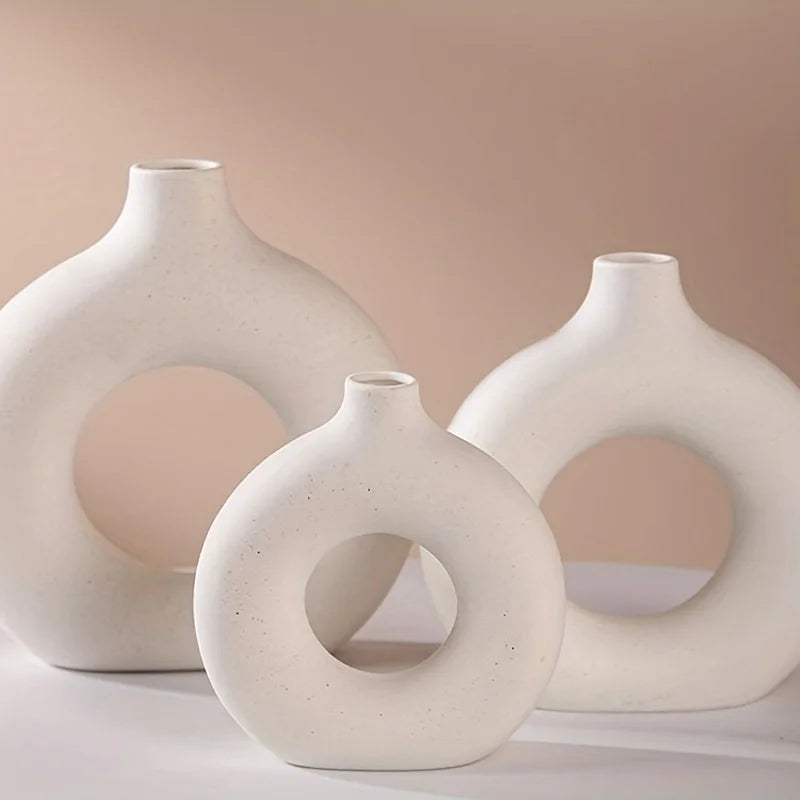 Elegant White/Beige Ceramic Donut Vase | Modern Home Decor