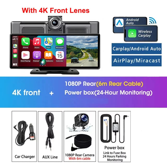 Kamera samochodowa srnubi 10.26" 4k z apple carplay, android auto i gps
