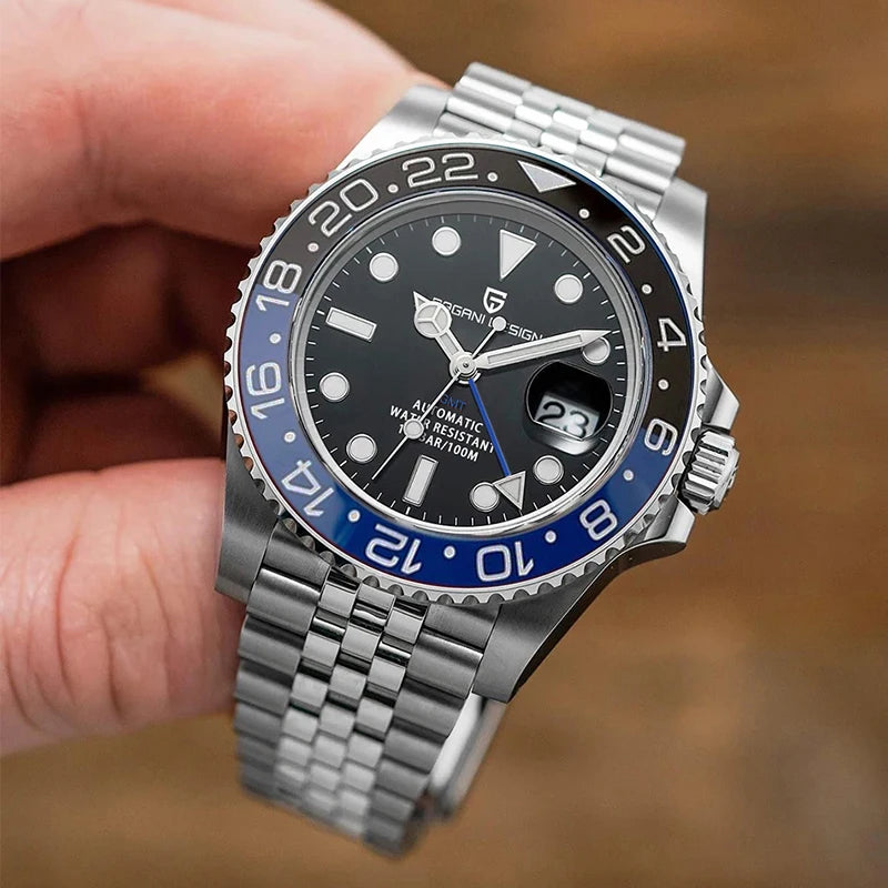 Zegarek mechaniczny męski pagani design pd-1662 luksusowy gmt - szafir, stal, wodoodporny 100m