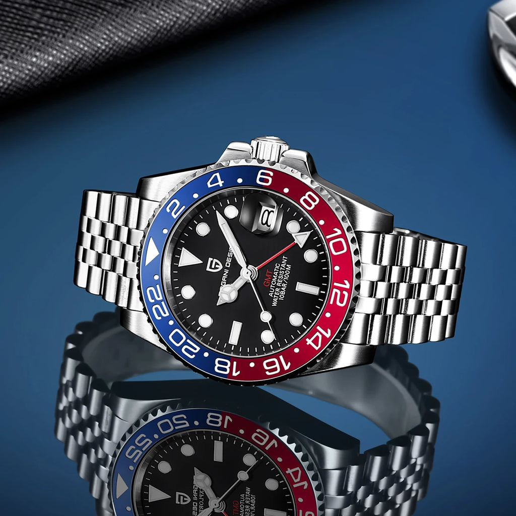 Zegarek mechaniczny męski pagani design pd-1662 luksusowy gmt - szafir, stal, wodoodporny 100m