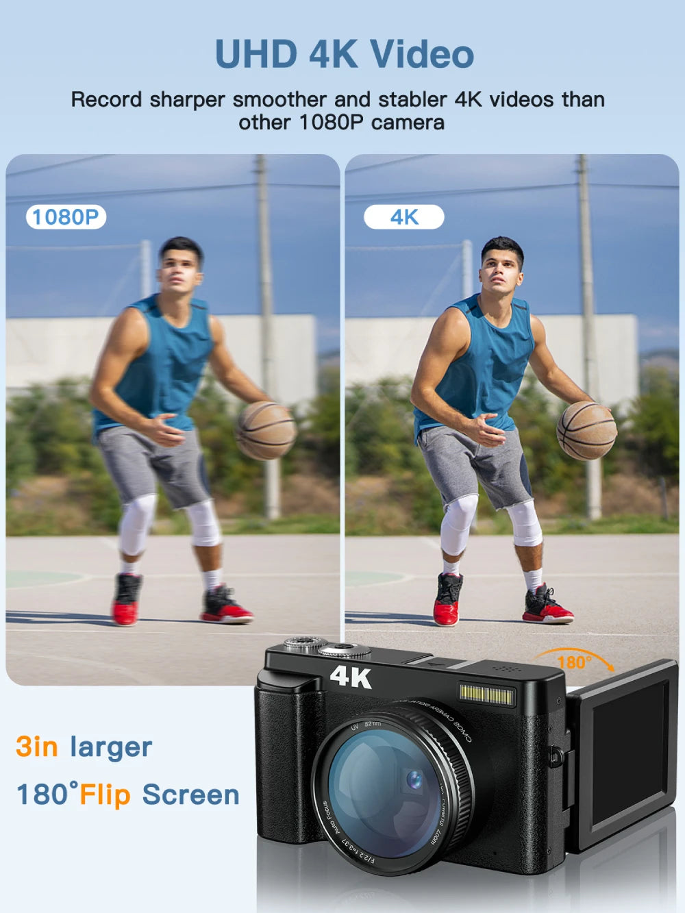 Kamera do vlogowania 4k 48mp | odchylany ekran i lampa błyskowa dla youtube i tiktok