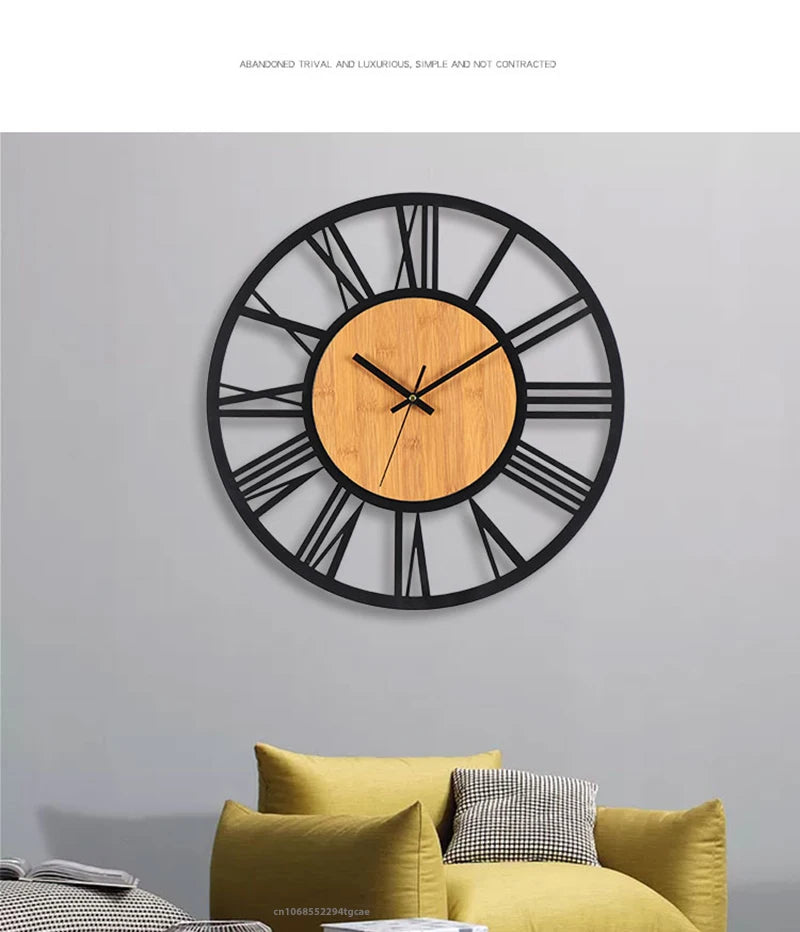 Nordic Retro 3D Large Wall Clock - Silent Roman Numerals Wood Metal Iron Decor