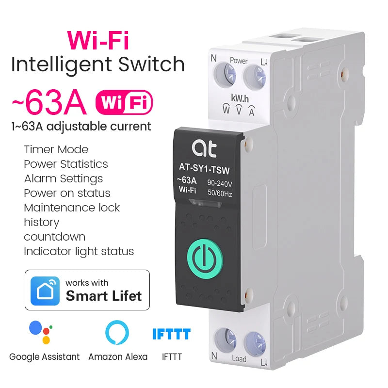 Inteligentny wyłącznik nadprądowy tuya wifi 1p+n 63a – sterowanie zdalne, monitoring energii, asystent głosowy