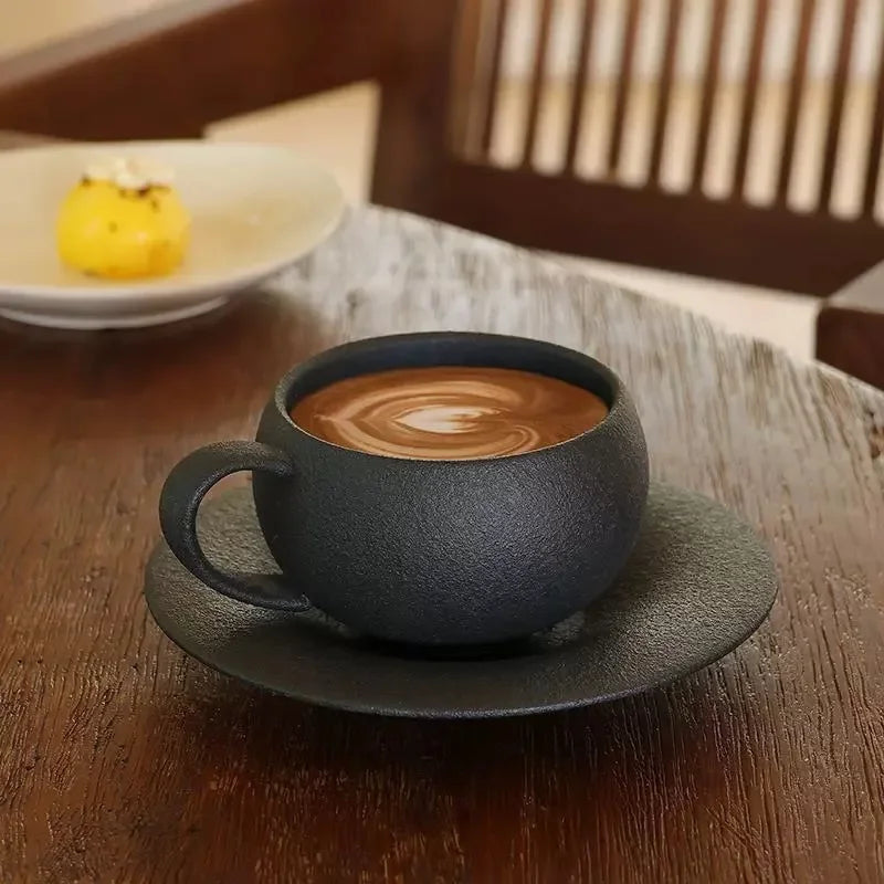 Artisan Fired Stone Ceramic Mug & Saucer Set | Rustic Elegance