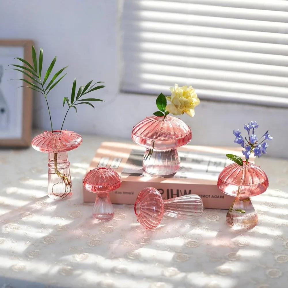 5Pcs Colourful Mushroom Glass Vases | Hydroponic Flower Pots Home Decor