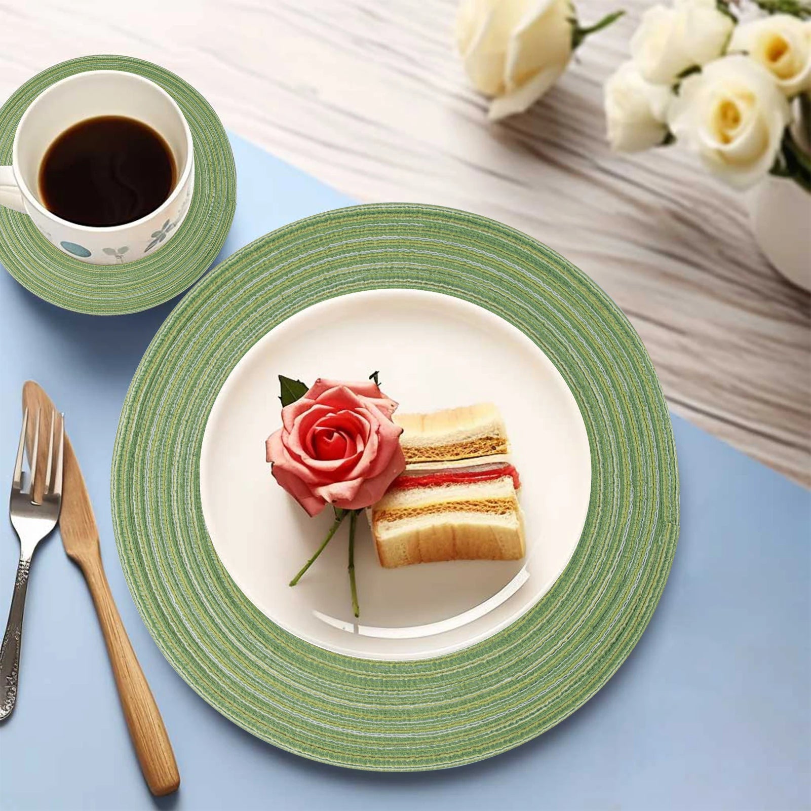 Set of 12 Round Braided Placemats & Coasters | Washable, Heat Resistant & Non-Slip