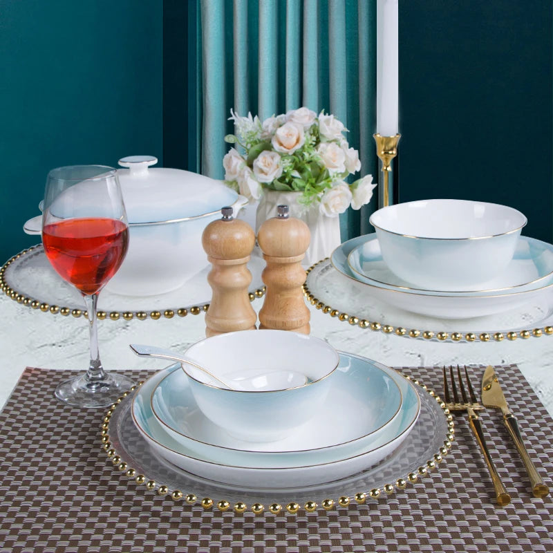 Vabena 80pcs Nordic Gold Rim Luxury Bone China Dinnerware Set