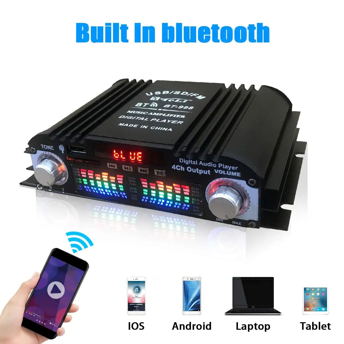 Wzmacniacz dźwięku hi-fi 1600w peak, 4-kanałowy cyfrowy, z bluetooth, karaoke i radiem fm, obsługa pilotem