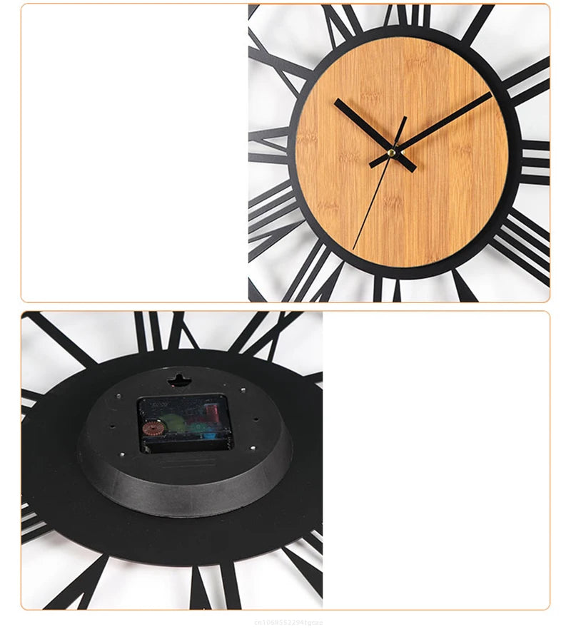 Nordic Retro 3D Large Wall Clock - Silent Roman Numerals Wood Metal Iron Decor