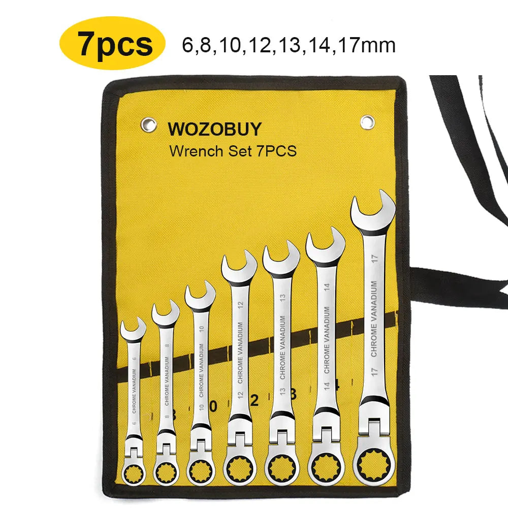 Zestaw kluczy płasko-oczkowych z grzechotką i ruchomą głowicą, metryczny 6-23mm