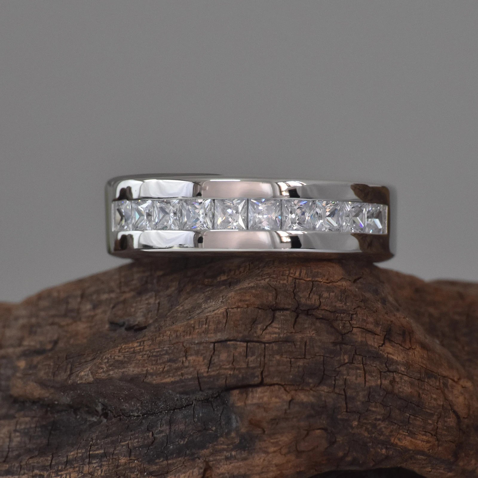 Newshe Men's Half Eternity Moissanite Wedding Band