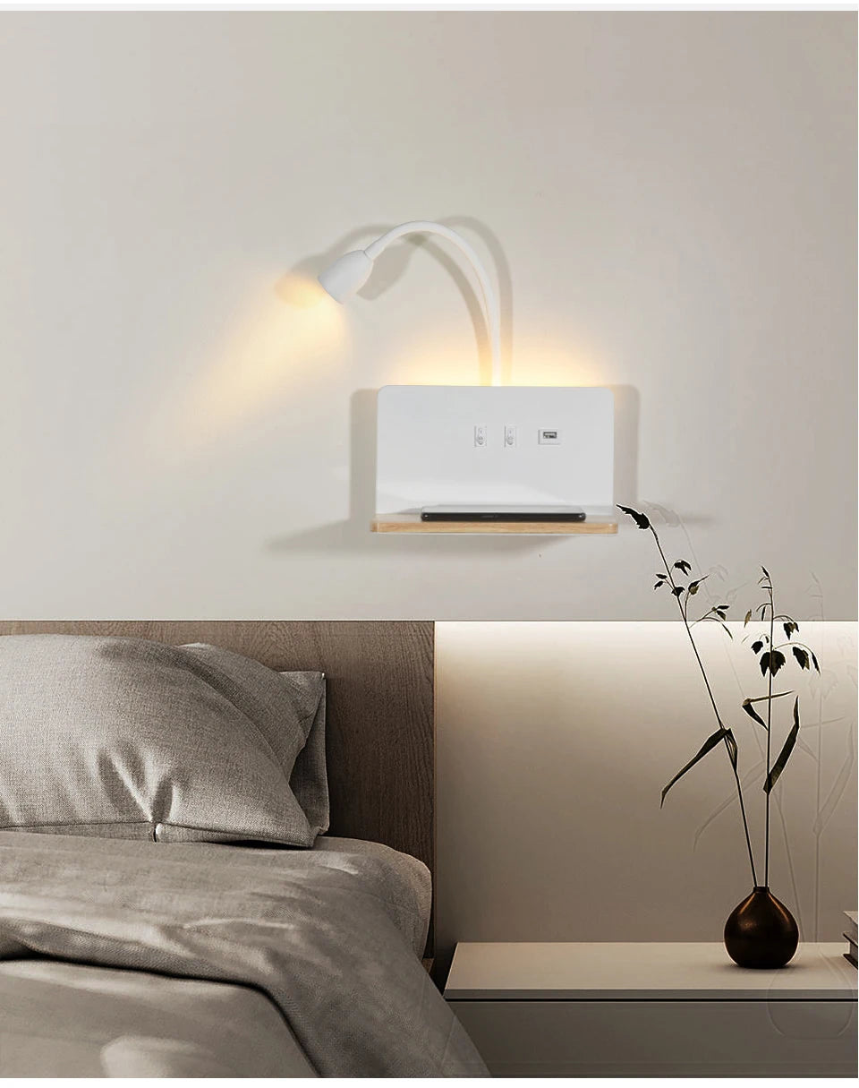 Nowoczesna lampa ścienna led 360° obrotowa z usb i ładowaniem bezprzewodowym do sypialni
