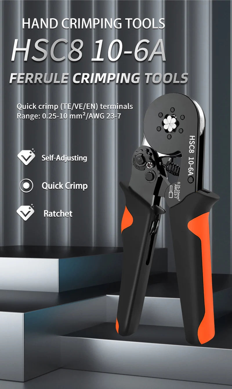 Hexagonal Self-Adjustable Ratchet Ferrule Crimping Tool Kit 23-7AWG | Precision Electrical Connectors