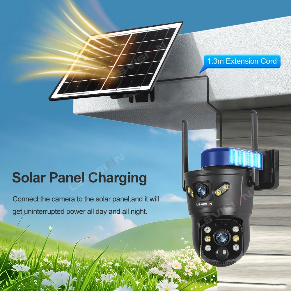 Kamera solarna zewnętrzna ls vision 4g/wifi 8mp z podwójnym obiektywem, pir, kartą sim, widzeniem nocnym i wodoodpornością