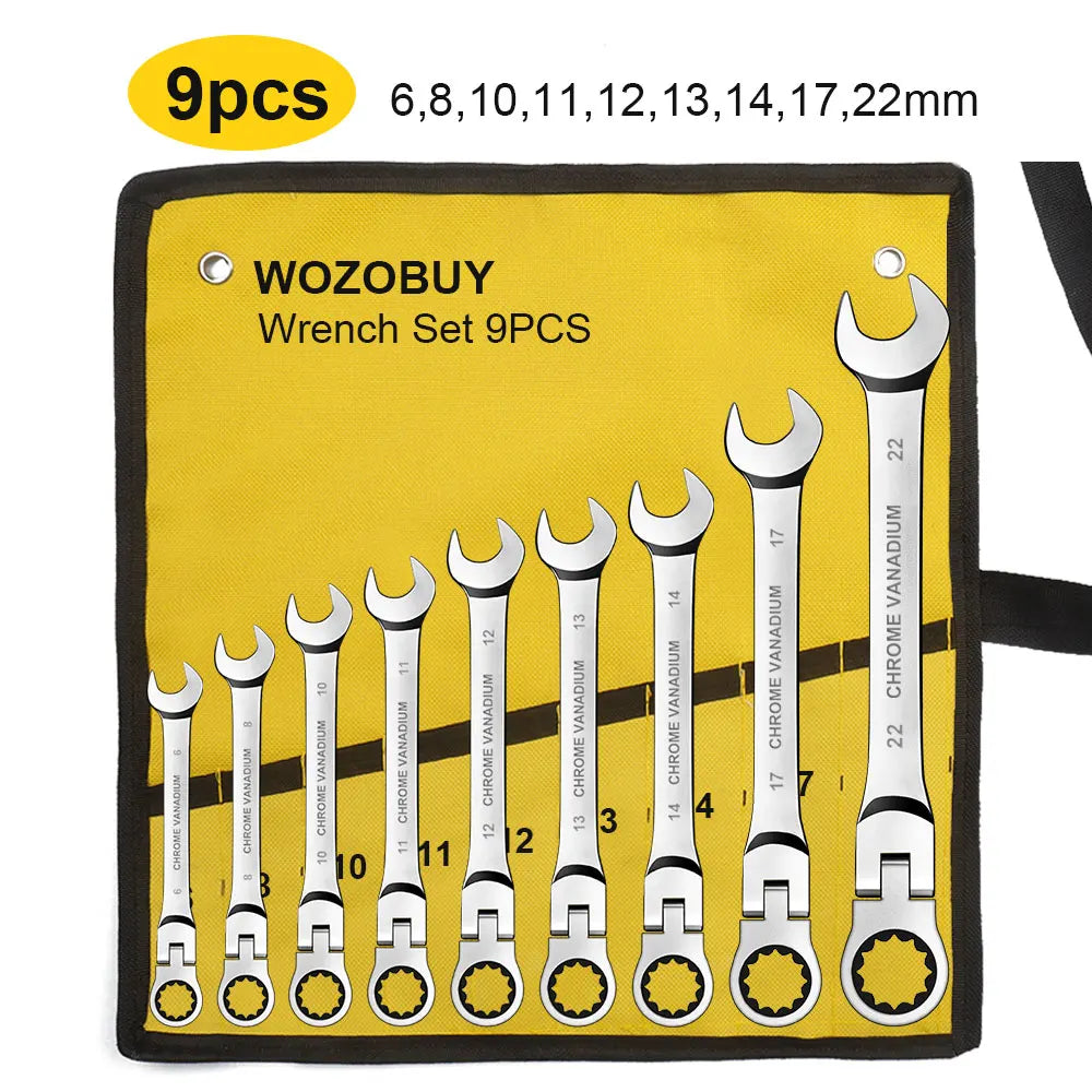 Zestaw kluczy płasko-oczkowych z grzechotką i ruchomą głowicą, metryczny 6-23mm