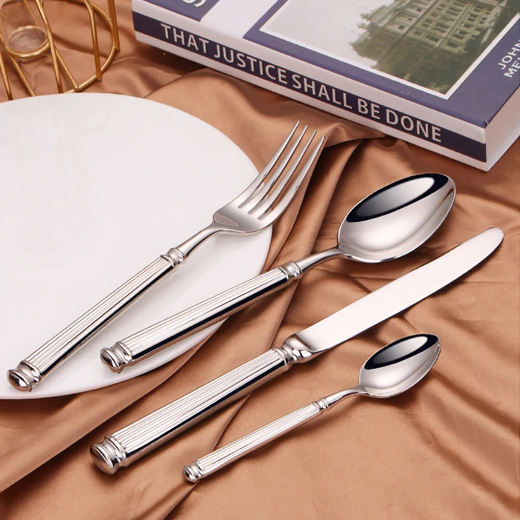 Elegant Silver Striped Cutlery Set - Premium 304 Stainless Steel Tableware