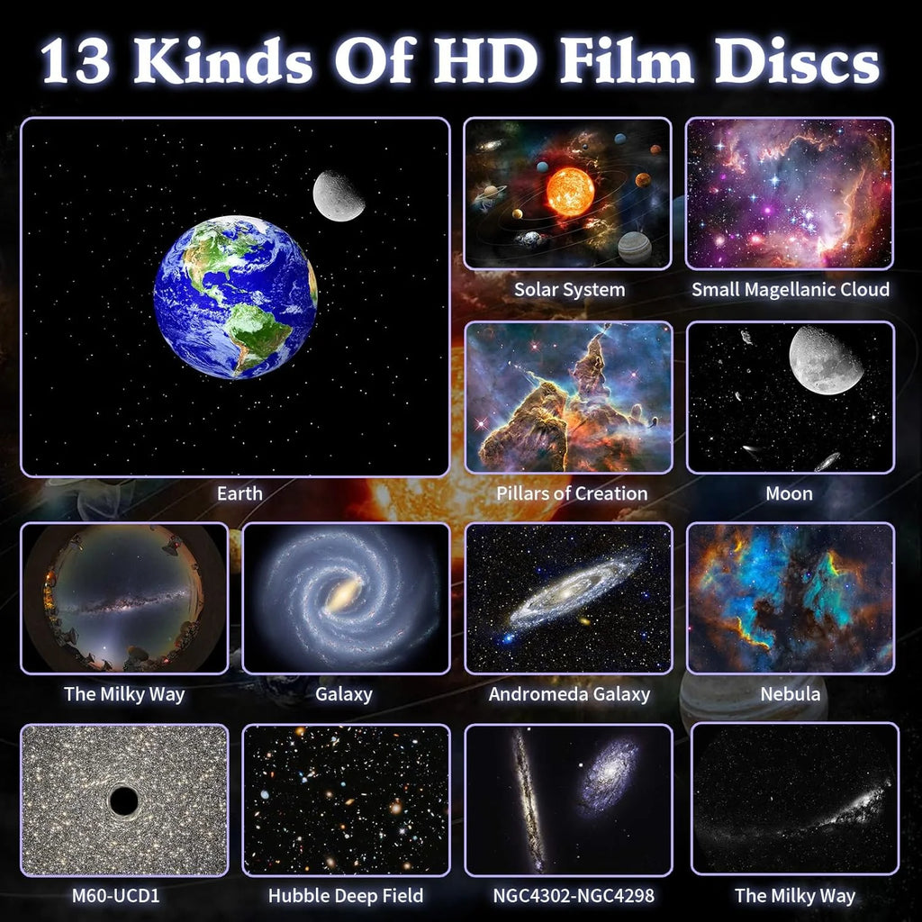 HD Galaxy Star Projector Night Light for Kids & Adults - 13 Films, 360° Rotation