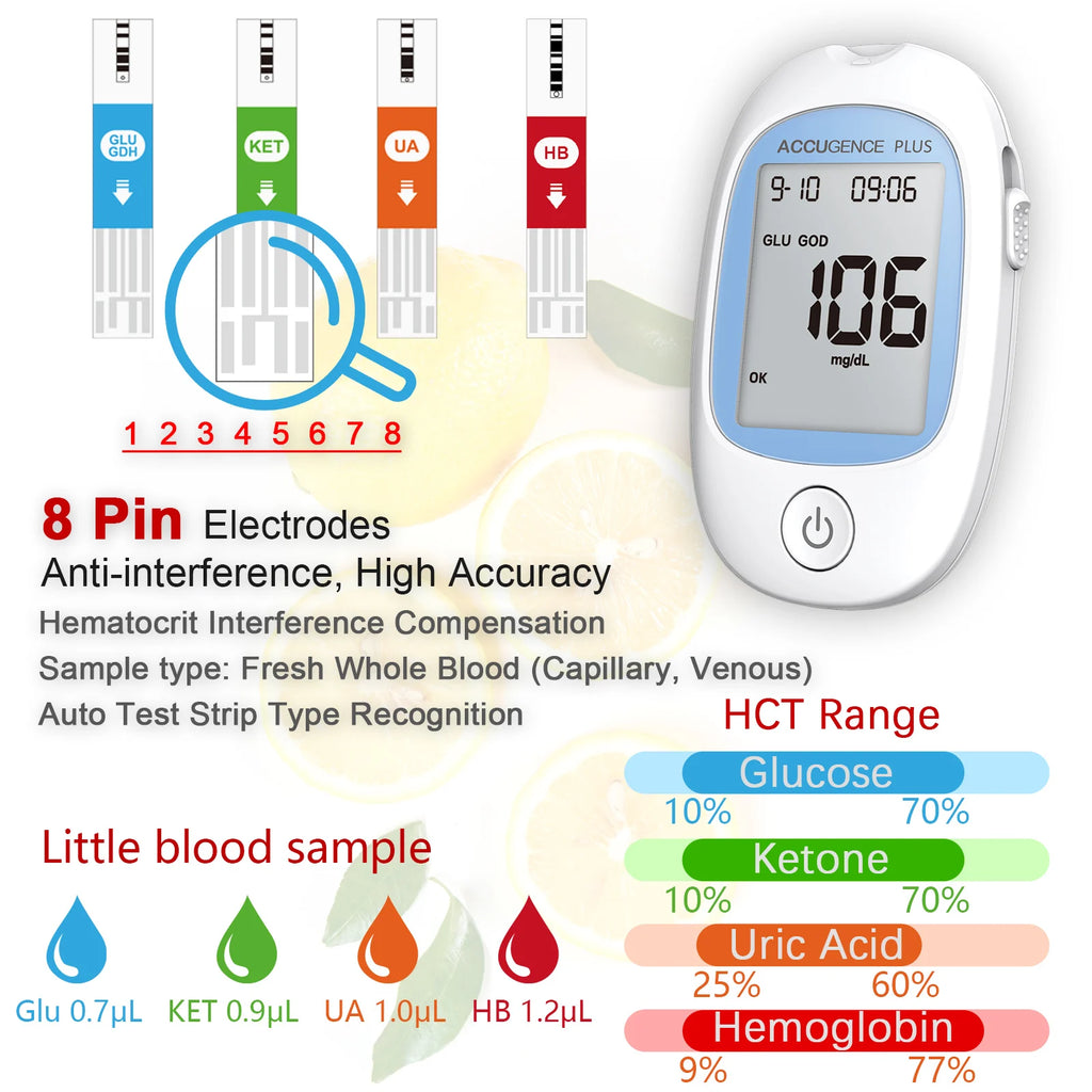 Wielofunkcyjny monitor 4w1: testy hemoglobiny, ketonów, glukozy, kwasu moczowego