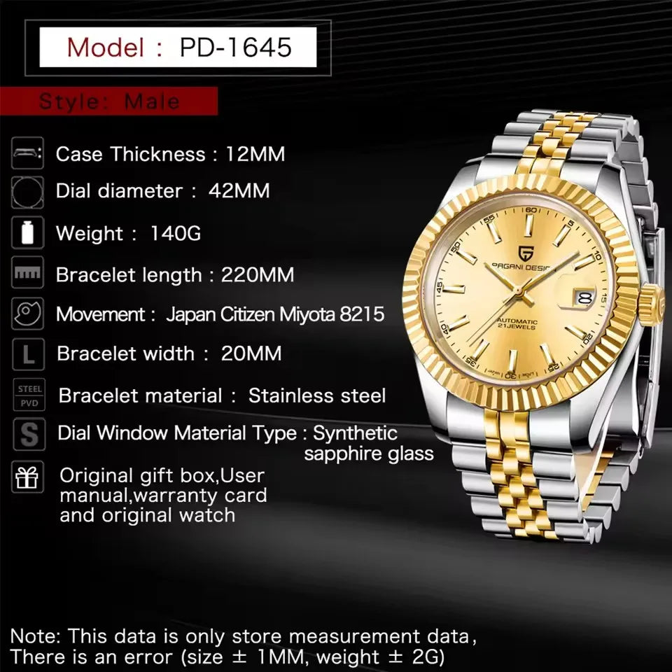 Pagani design 2026 datejust luksusowy męski zegarek mechaniczny pd-1645